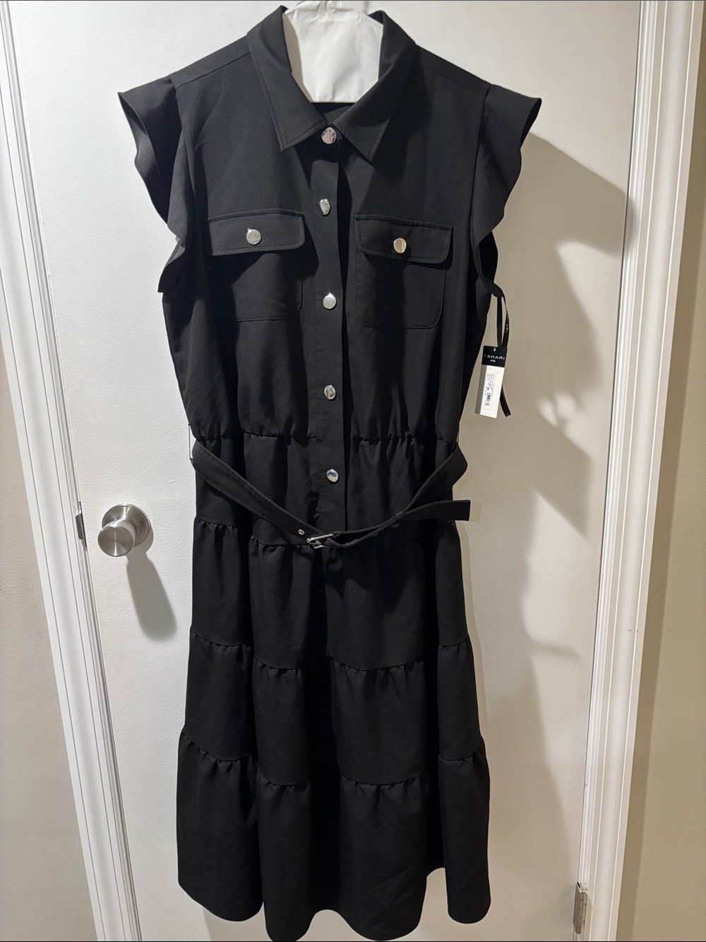 One day SALE 🔥 Tahari Black Tiered Shirt Dress with Belted Waist